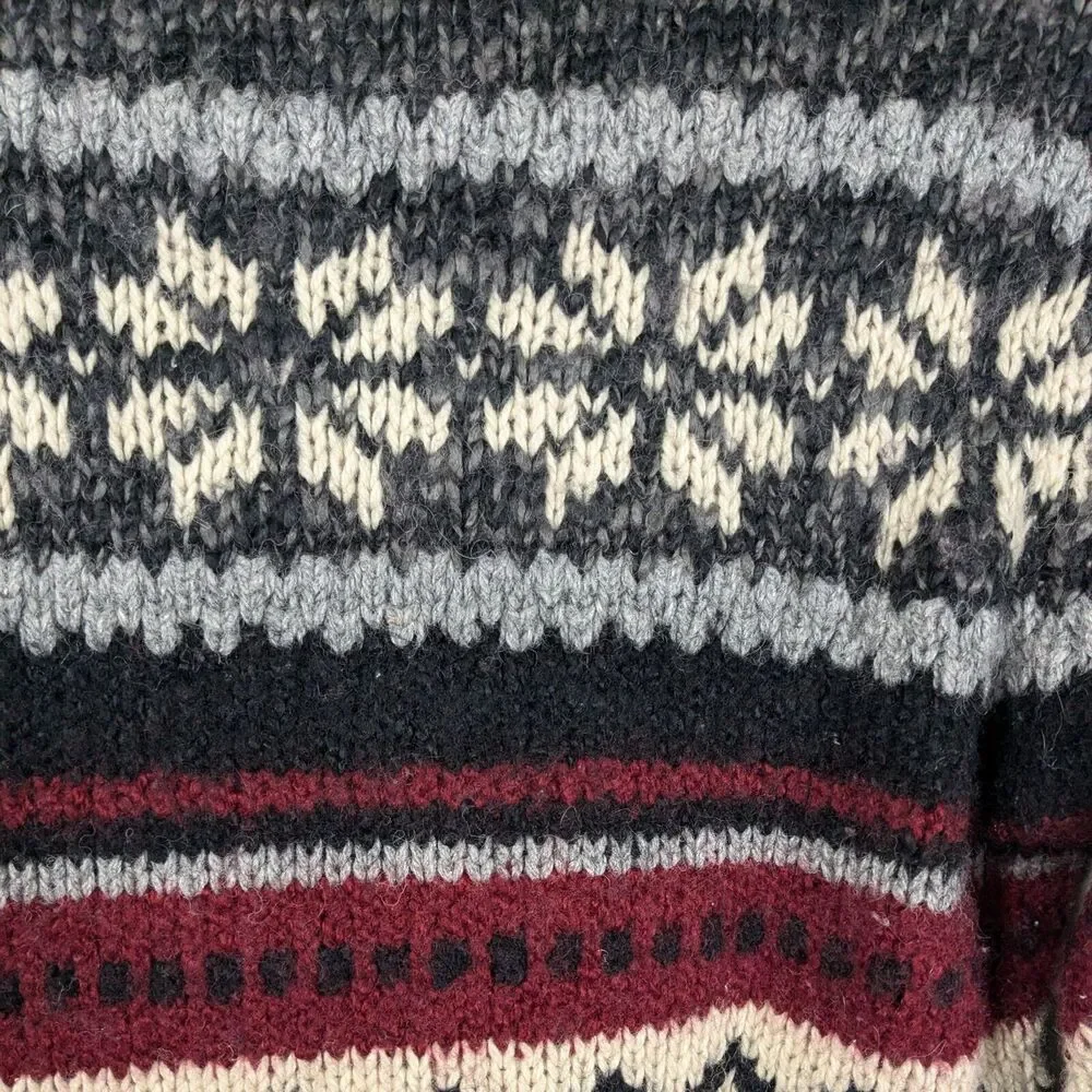 Vintage Sweater 90s Turtuleneck Chunky Stripe Snowflake Wool Isle Red Gray S